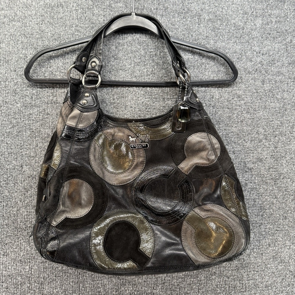 Vintage Y2K Coach Shoulder Bag Inlaid Op Art C Logo Black Leather 90s Hobo Purse
